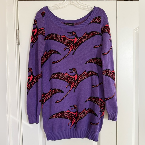 Vintage Betsey Johnson Pterodactyl Dinosaur 80s Punk Rare Sweater Dress Sz L - Picture 3 of 9